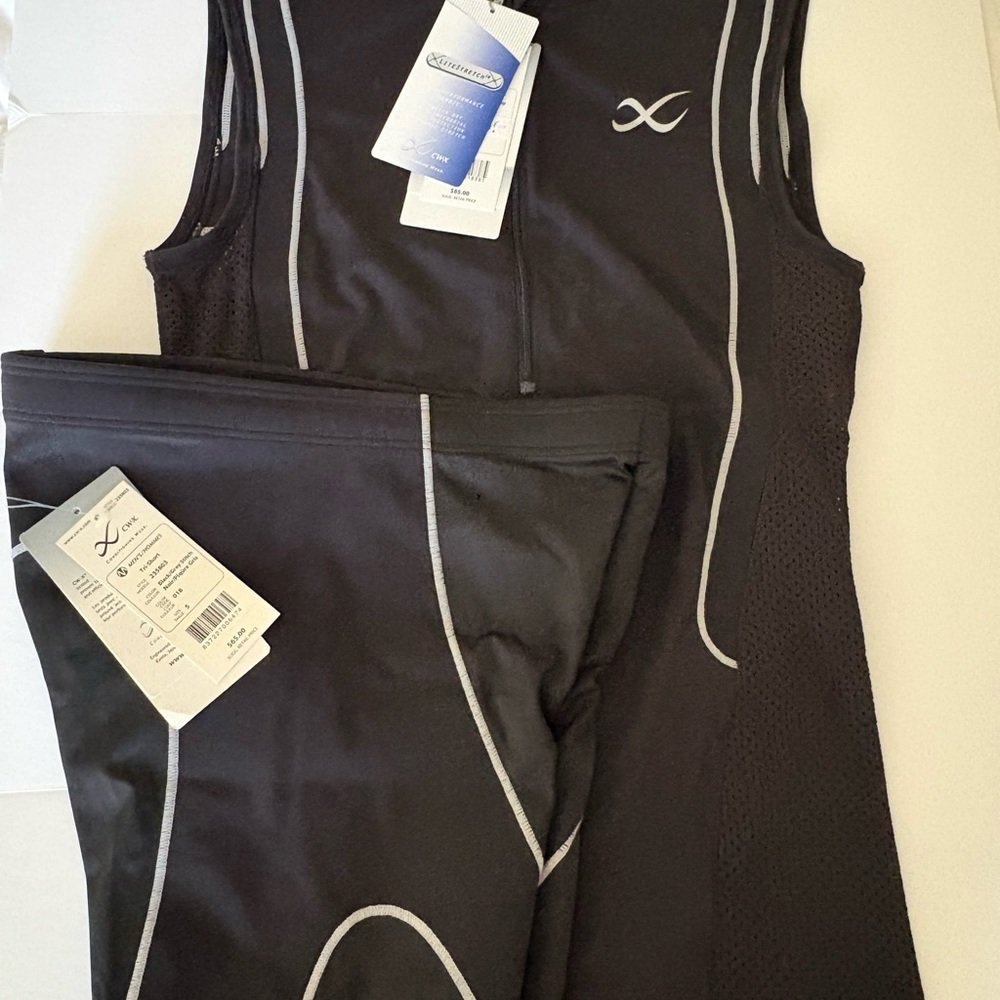 CW-X Black Tri-Top Tank & Triathlon Bike Short Set with Silver Piping